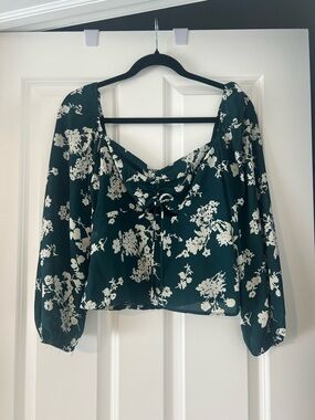 Abercrombie & Fitch Dark Green and White Floral Lace-Up Top